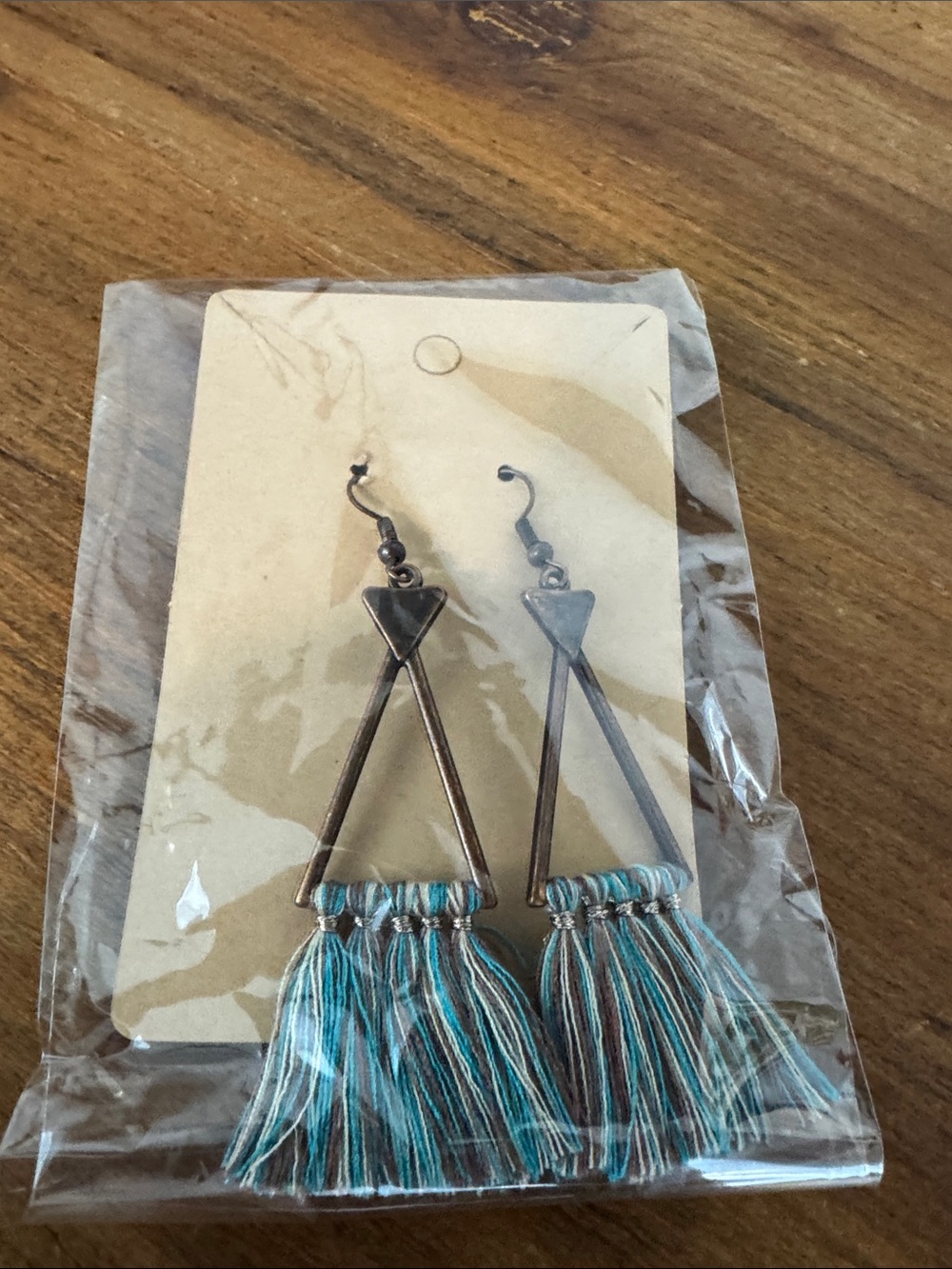 Boho Tassel Triangle Drop Earrings in Teal & Copper